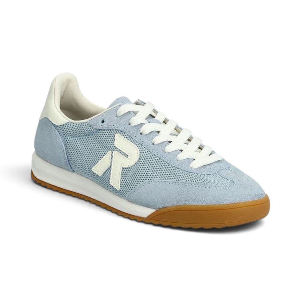 The Happy Shoe Shop Rieker blue textile sneakers with white laces, R logo detail, and a flexible gum rubber outsole.