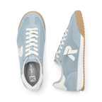 The Happy Shoe Shop Rieker blue textile sneakers with white laces, side logo, and gum rubber outsole for women.