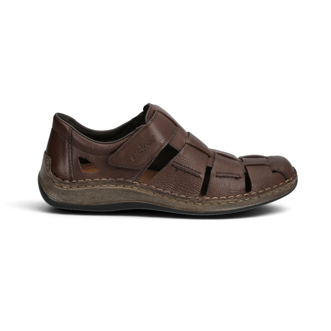 The Happy Shoe Shop Rieker brown leather fisherman sandals with cut-out details and hook-and-loop fastening.