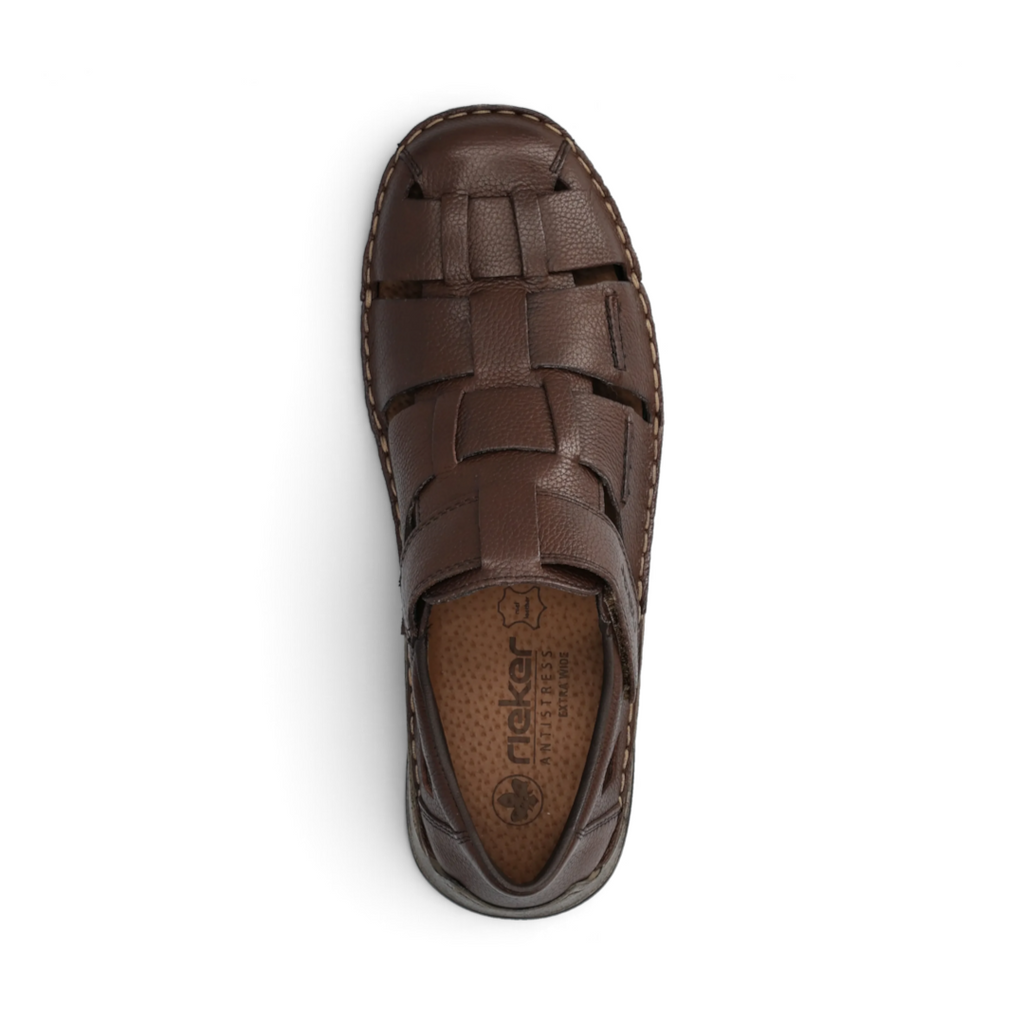 The Happy Shoe Shop Rieker brown leather fisherman sandals with wide fit and decorative cut-outs, top view.