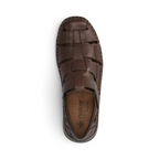 The Happy Shoe Shop Rieker brown leather fisherman sandals with wide fit and decorative cut-outs, top view.
