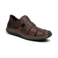The Happy Shoe Shop Rieker brown leather fisherman sandals with hook-and-loop fastening and decorative cut-outs.