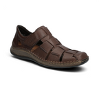 The Happy Shoe Shop Rieker brown leather fisherman sandals with hook-and-loop fastening and decorative cut-outs.