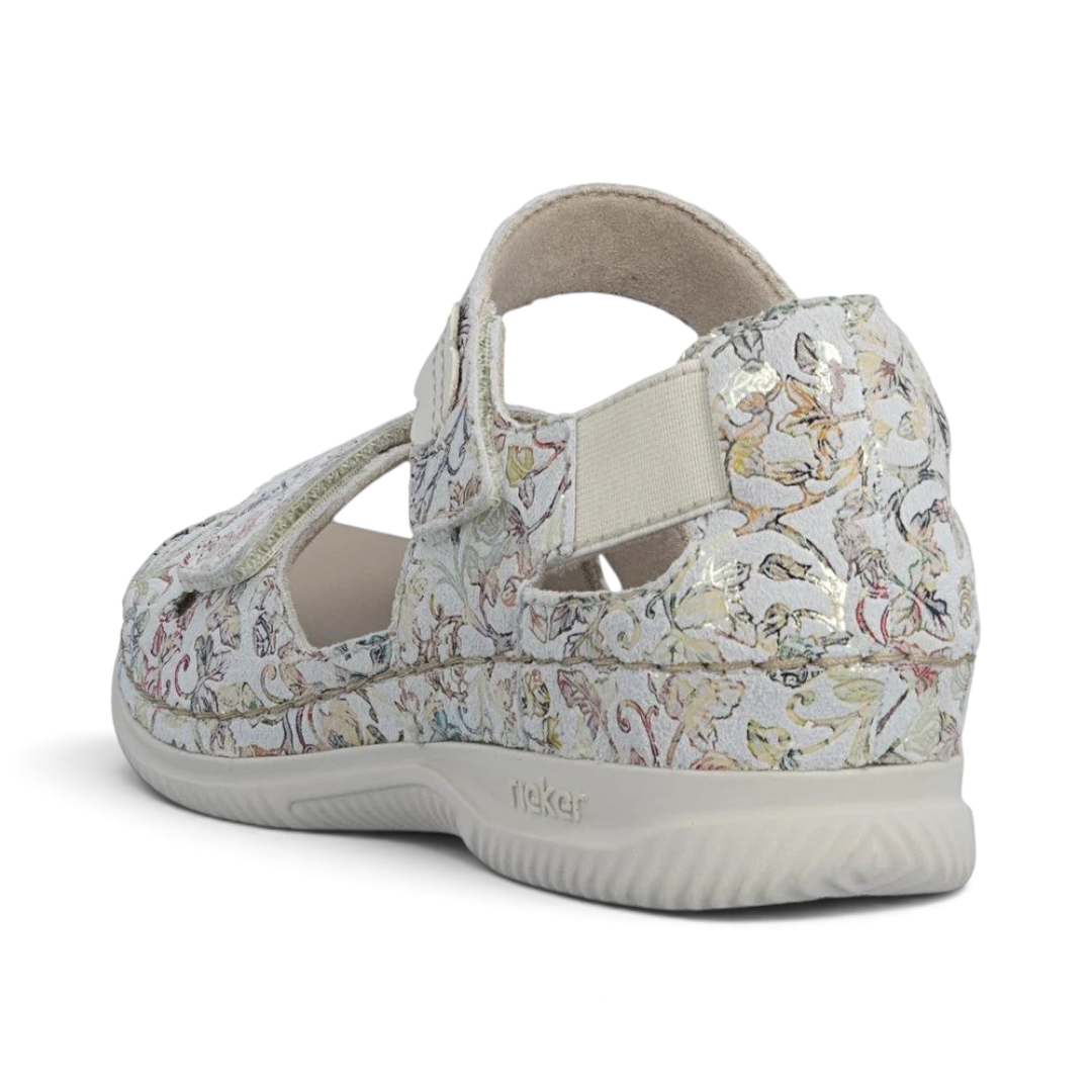 The Happy Shoe Shop Rieker V7474 multicolour floral suede closed-heel sandal with hook and loop strap