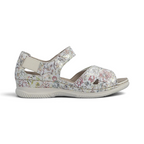 The Happy Shoe Shop Rieker V7474 multicolour floral suede closed-heel sandal with hook and loop strap and white sole