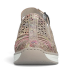 The Happy Shoe Shop Rieker 48763 rose gold leather slingback sandal with laser-cut floral pattern and wedge heel