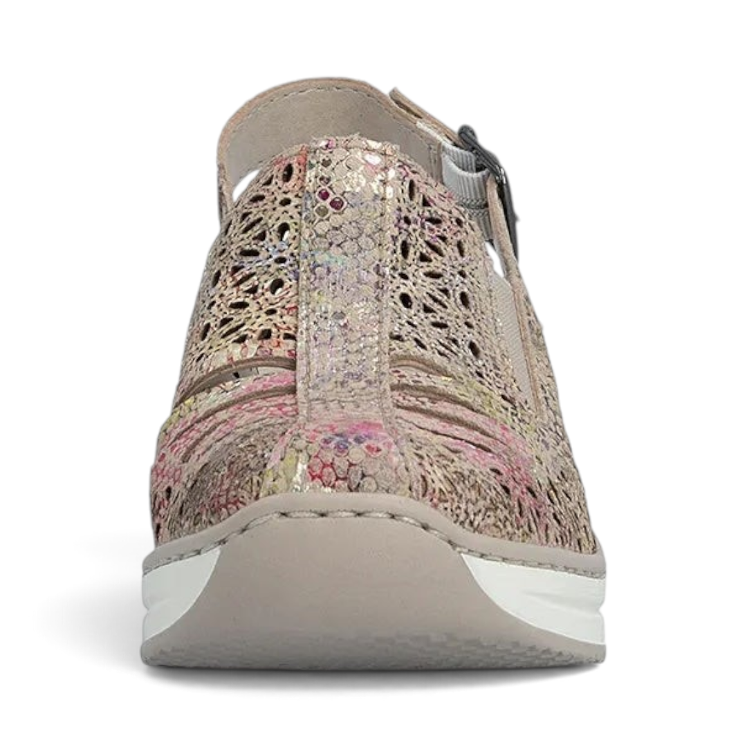 The Happy Shoe Shop Rieker 48763 rose gold leather slingback sandal with laser-cut floral pattern and wedge heel
