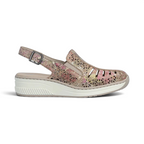 The Happy Shoe Shop Rieker rose gold leather slingback sandal with laser-cut floral pattern and wedge heel.