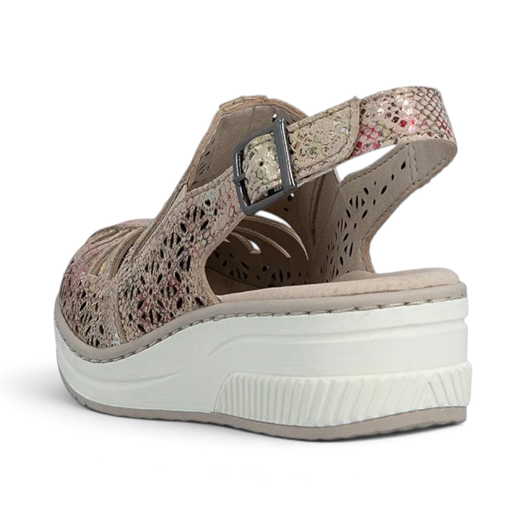 The Happy Shoe Shop Rieker 48763 rose gold slingback wedge sandal with laser-cut leather and buckle fastening