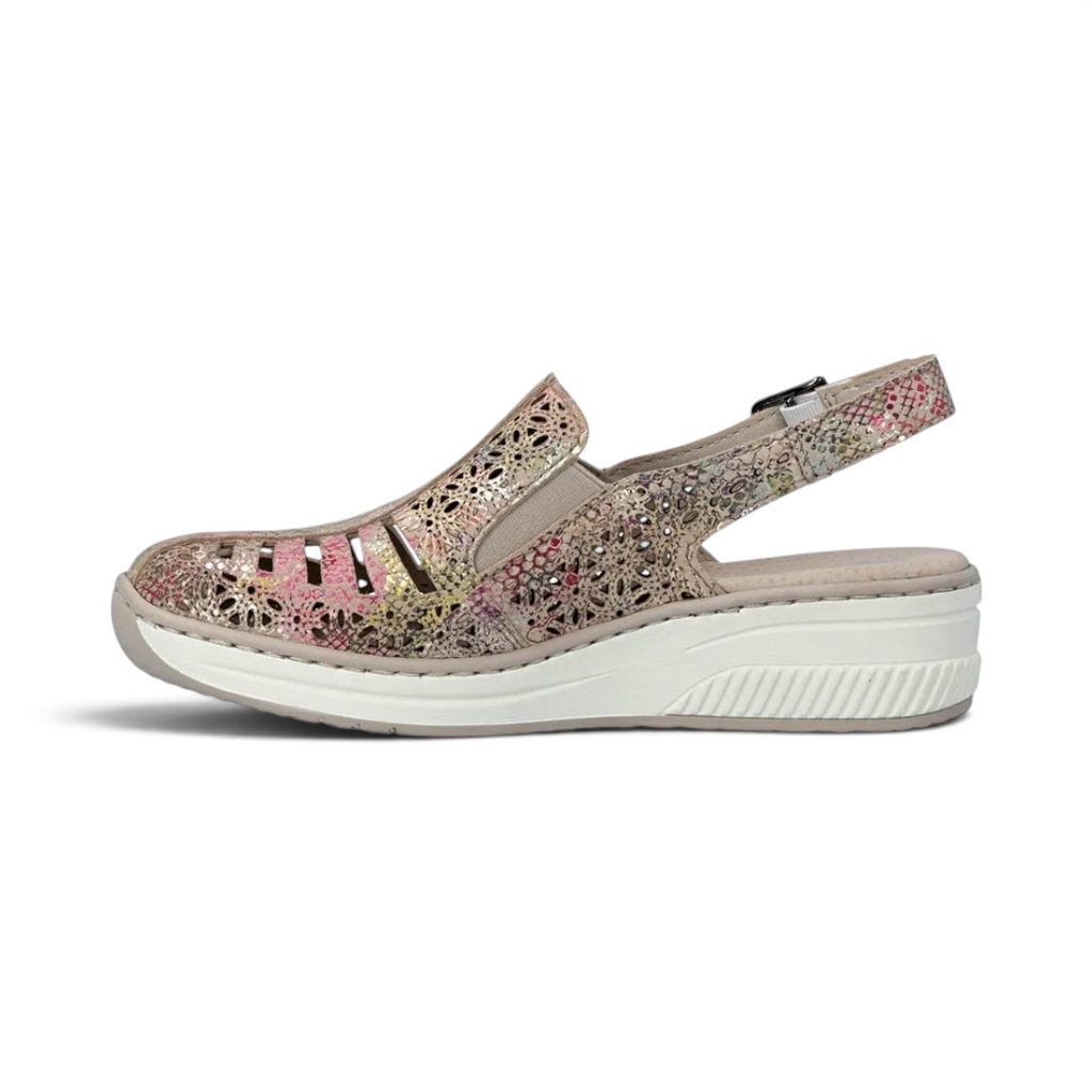 The Happy Shoe Shop Rieker rose gold leather slingback wedge sandal with laser-cut floral pattern and buckle strap