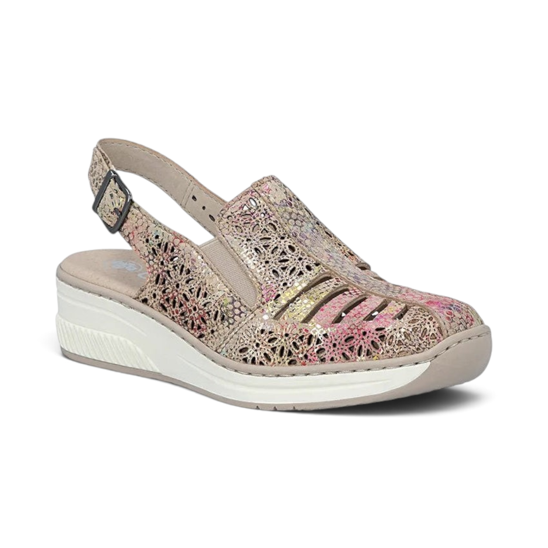 The Happy Shoe Shop Rieker rose gold leather slingback sandal with laser-cut floral pattern and wedge heel