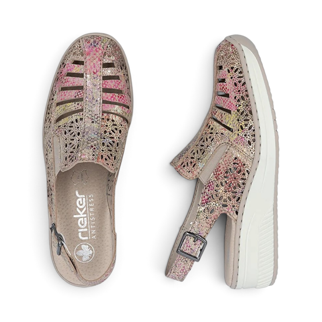 The Happy Shoe Shop Rieker 48763 rose gold leather slingback sandals with laser-cut details and a 43mm wedge heel.