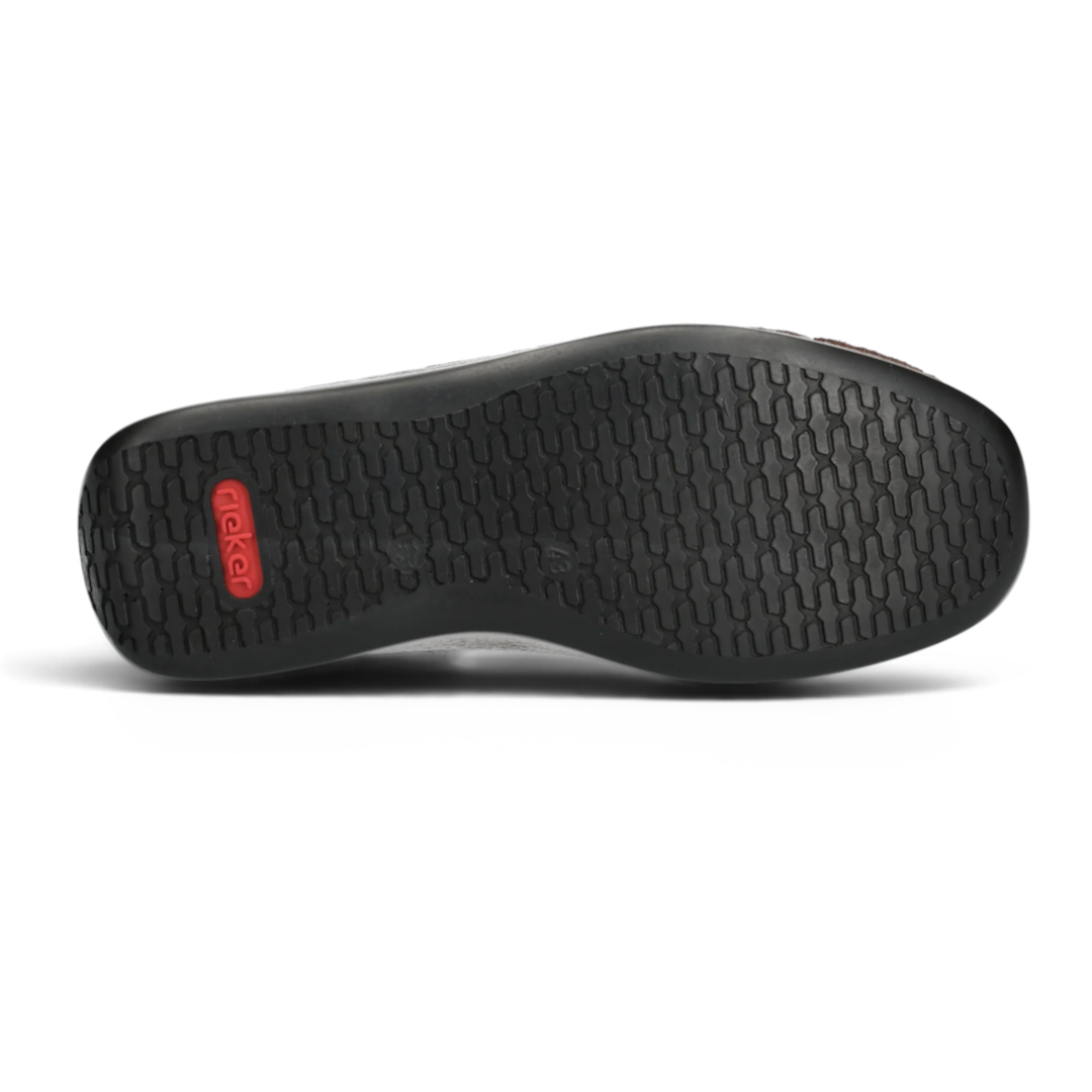 The Happy Shoe Shop Rieker mens fisherman sandal black textured rubber outsole with red logo detail