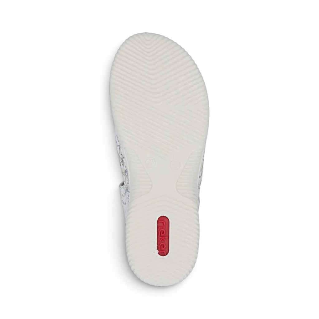The Happy Shoe Shop Rieker V7474 sandal showing the white textured shock-absorbing sole with a red logo insert