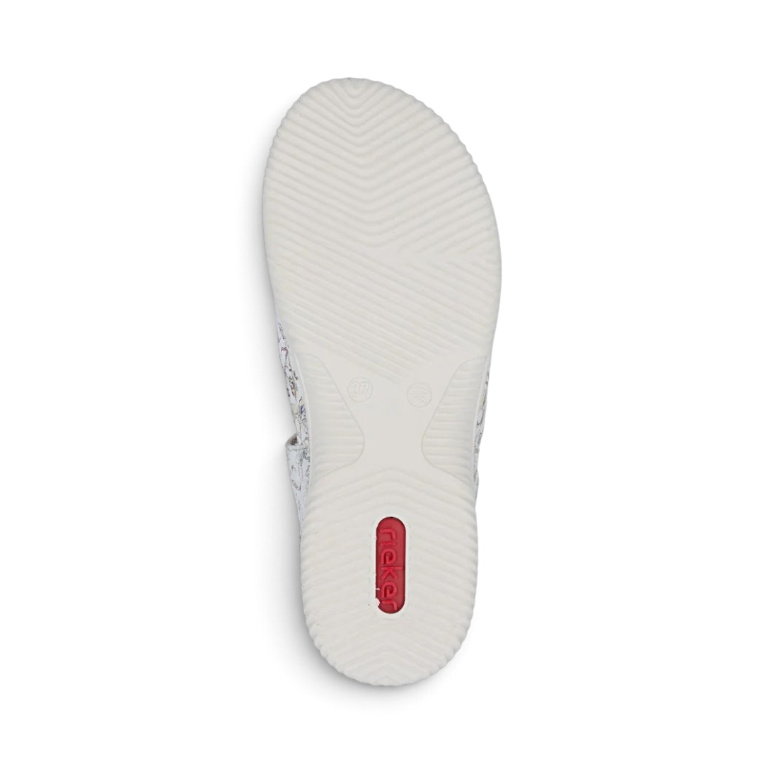 The Happy Shoe Shop Rieker V7474 sandal showing the white textured shock-absorbing sole with a red logo insert