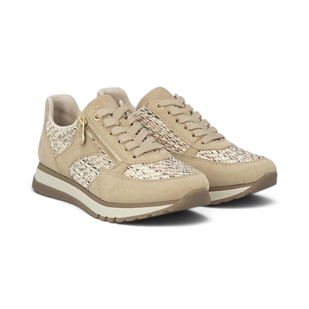 The Happy Shoe Shop Rieker 49010 sepia woven sneakers with lace-and-zip fastening and cushioned wide fit design.