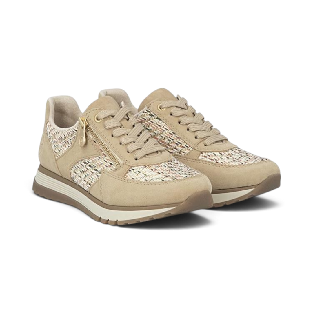 The Happy Shoe Shop Rieker 49010 sepia woven sneakers with lace-and-zip fastening and cushioned wide fit design.