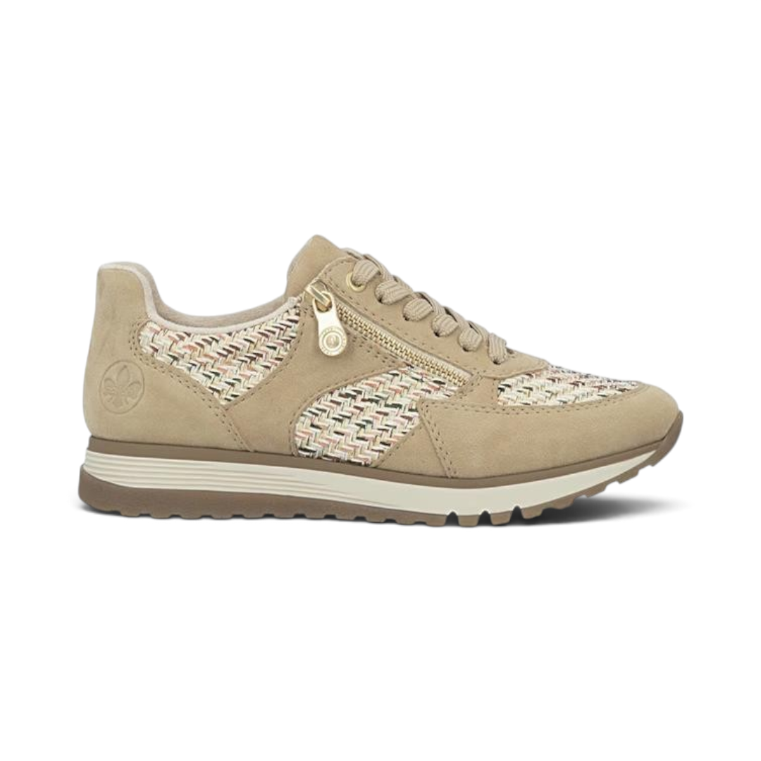 The Happy Shoe Shop Rieker 49010 sepia woven sneaker with lace-and-zip fastening and cushioned insole.