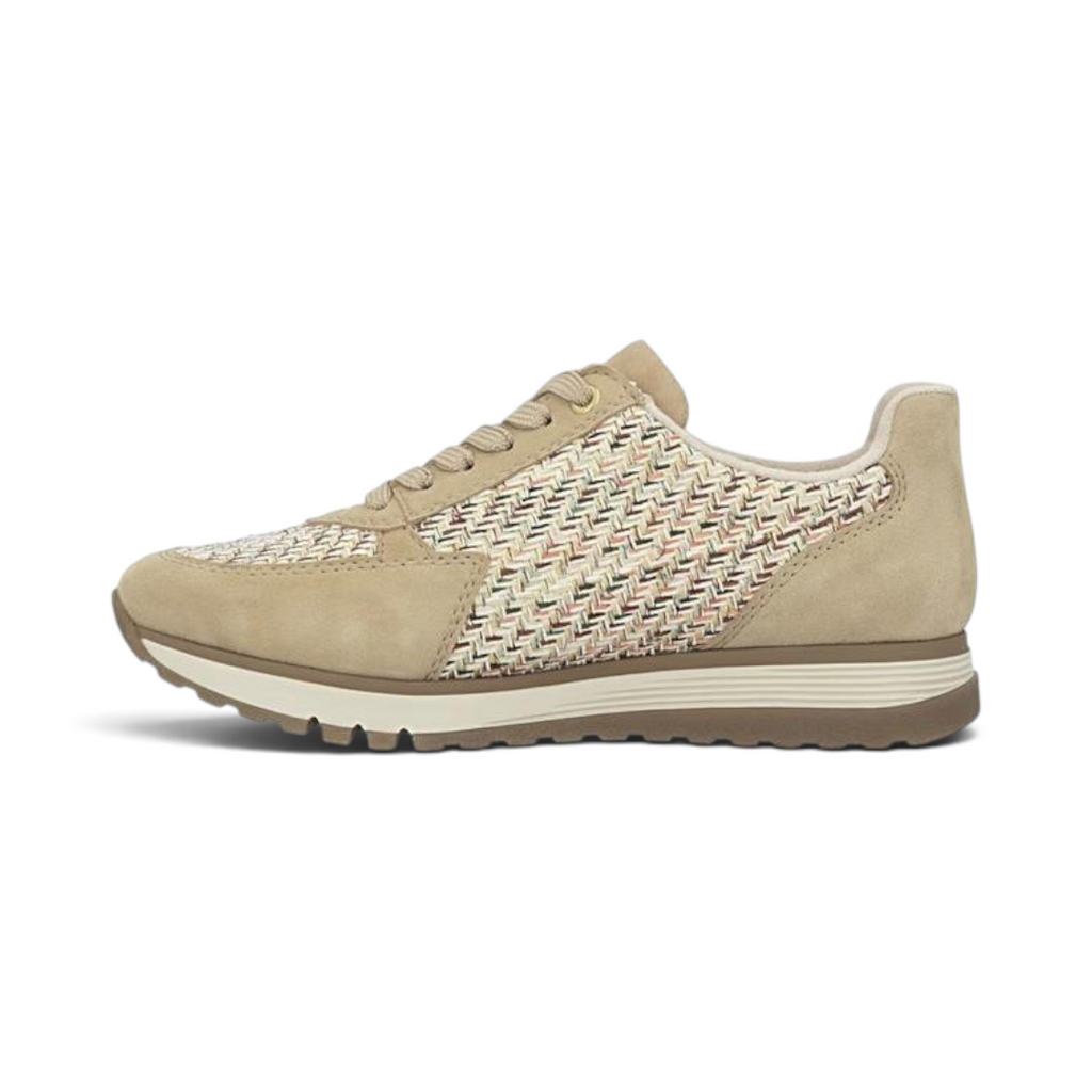 The Happy Shoe Shop Rieker 49010 sepia woven sneaker with suede accents, lace-up closure, and cushioned sole.