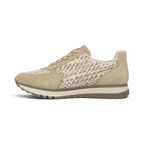 The Happy Shoe Shop Rieker 49010 sepia woven sneaker with suede accents, lace-up closure, and cushioned sole.