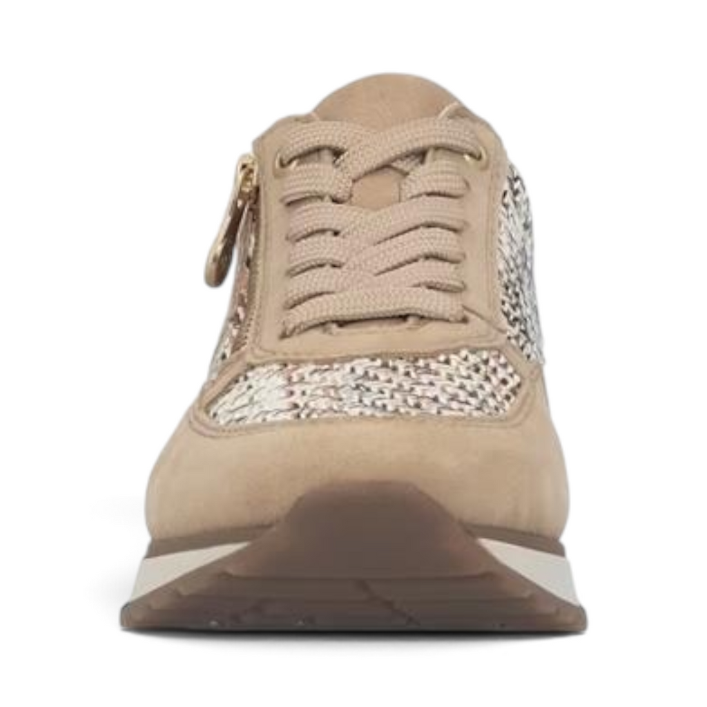 The Happy Shoe Shop Rieker 49010 sepia woven sneaker with lace-up and side-zip fastening for a wide fit.