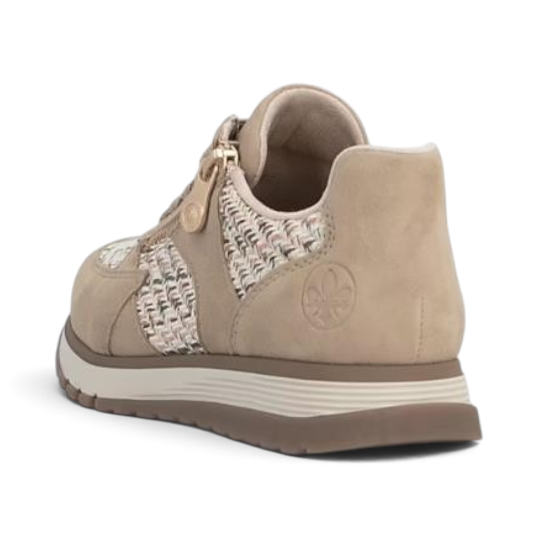 The Happy Shoe Shop Rieker 49010 sepia woven sneaker with side zip fastening and cushioned sole, rear view.