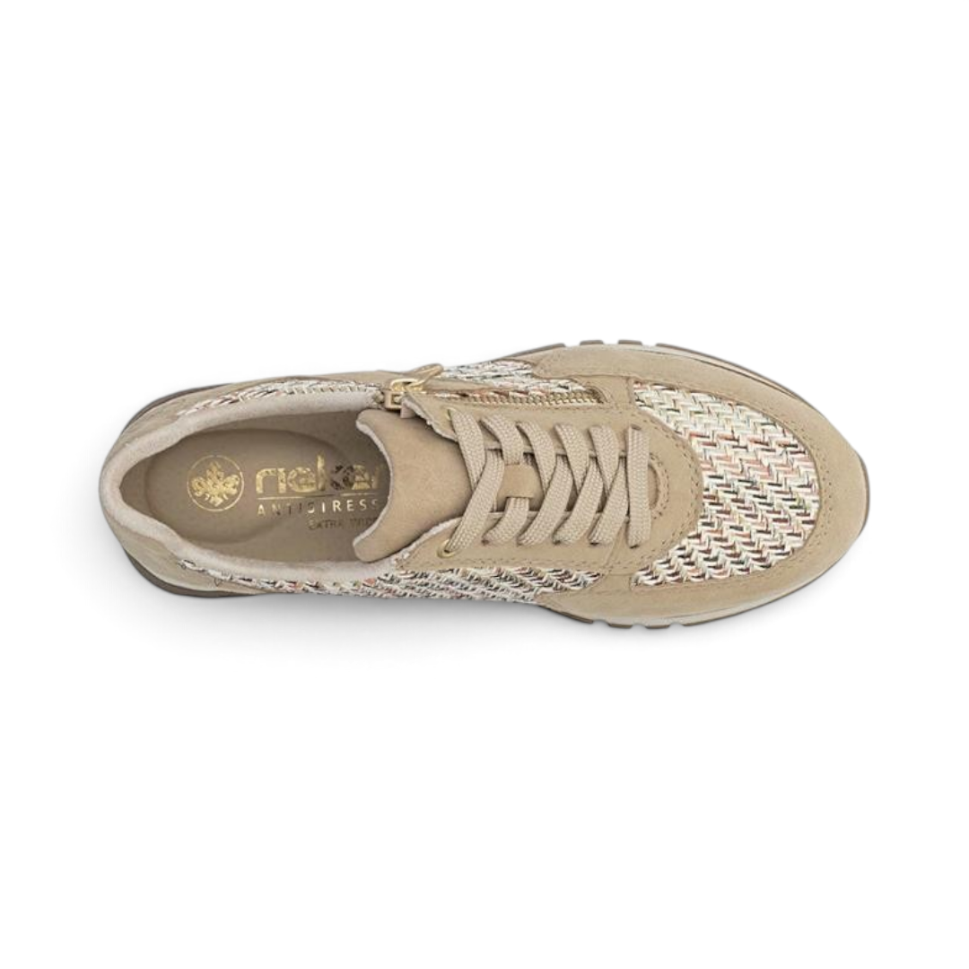 The Happy Shoe Shop Rieker 49010 sepia woven sneaker with lace-and-zip fastening and cushioned insole, top view.