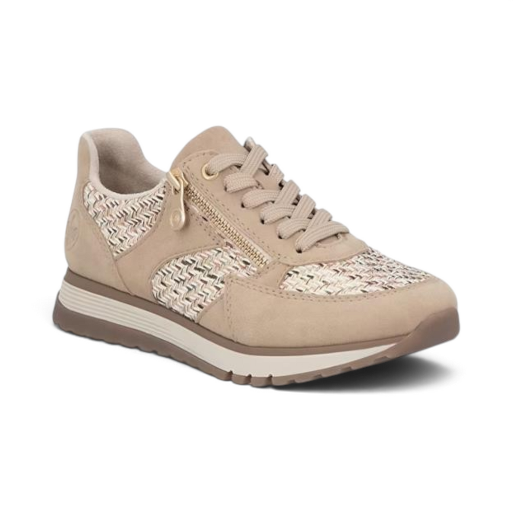 The Happy Shoe Shop Rieker 49010 sepia woven sneaker with lace-up and side zip closure for a comfortable wide fit.