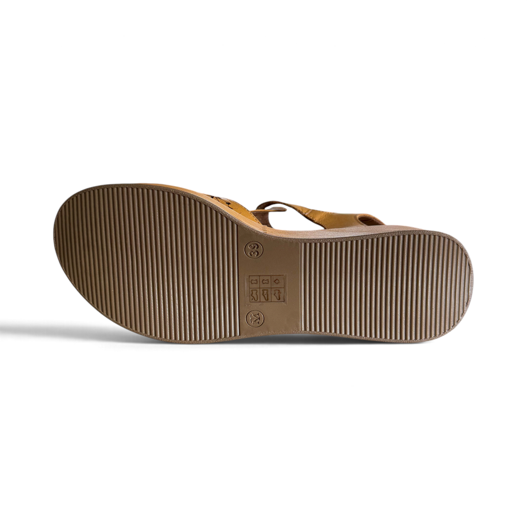 The Happy Shoe Shop Rilassare Petula wedge sandals showing the brown ridged rubber sole and size 39 marking
