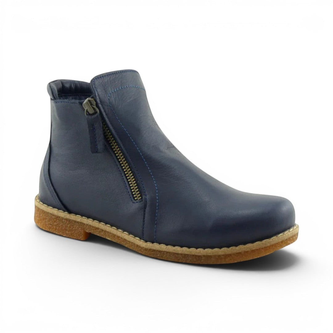 The Happy Shoe Shop Rilassare Tallow ankle boot in navy blue leather with a side zip and crepe sole.
