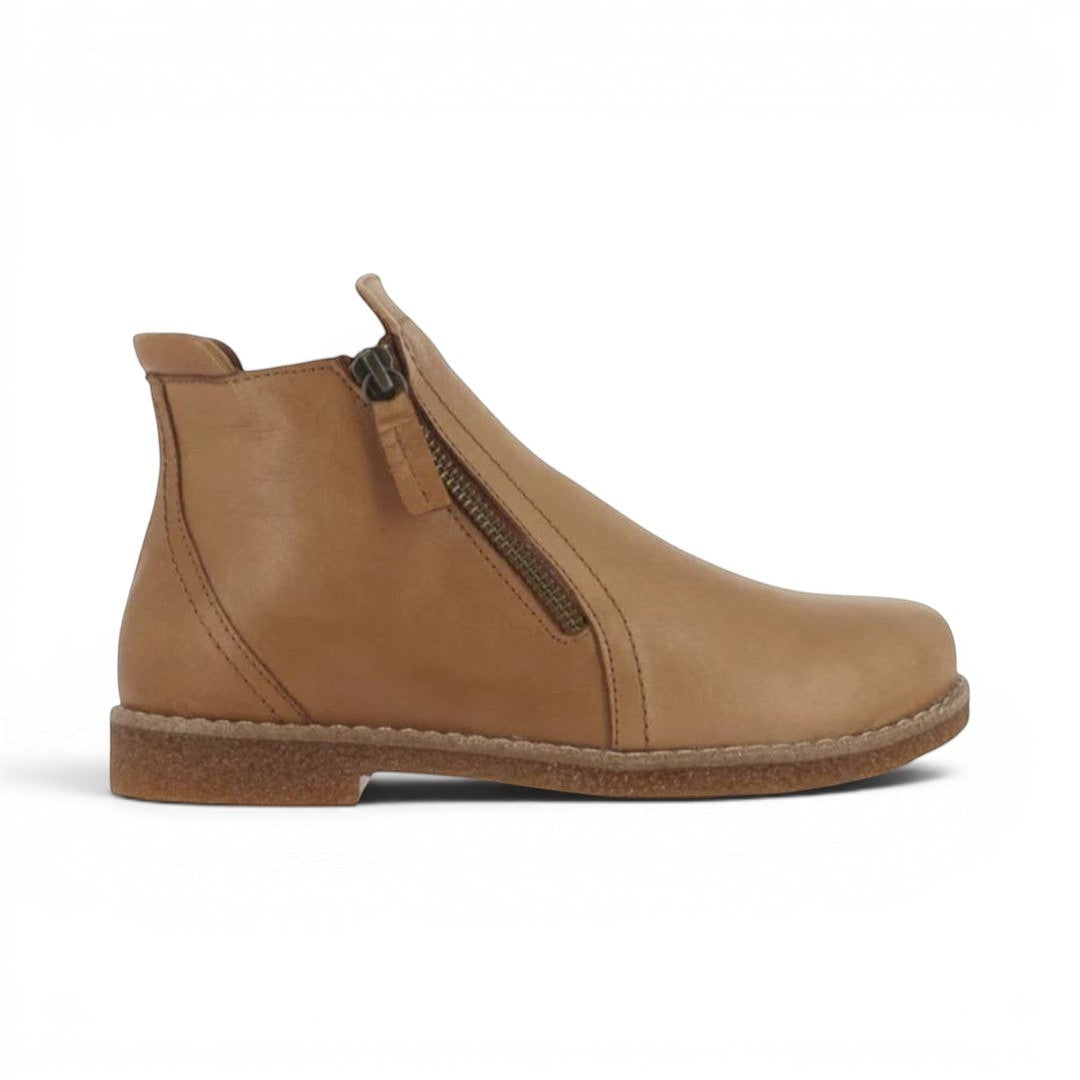 The Happy Shoe Shop Rilassare Tallow tan leather ankle boot with twin zip detail and crepe sole.