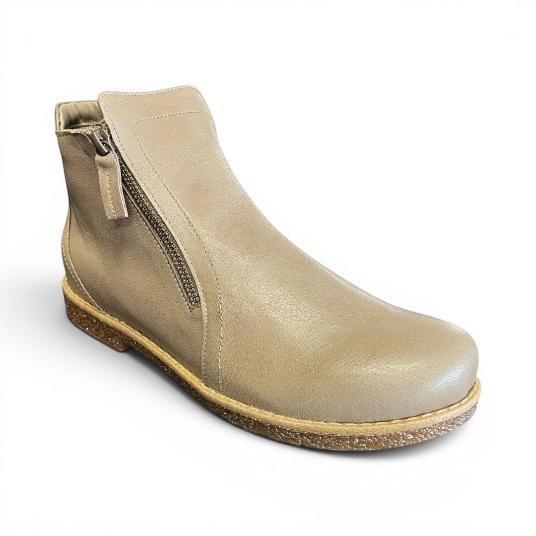 The Happy Shoe Shop Rilassare Tallow ankle boot in taupe leather with twin zips and a crepe sole.