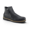 The Happy Shoe Shop Rilassare Tallow black leather ankle boot with twin zip and crepe sole.