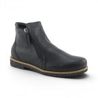 The Happy Shoe Shop Rilassare Tallow black leather ankle boot with twin zip and crepe sole.