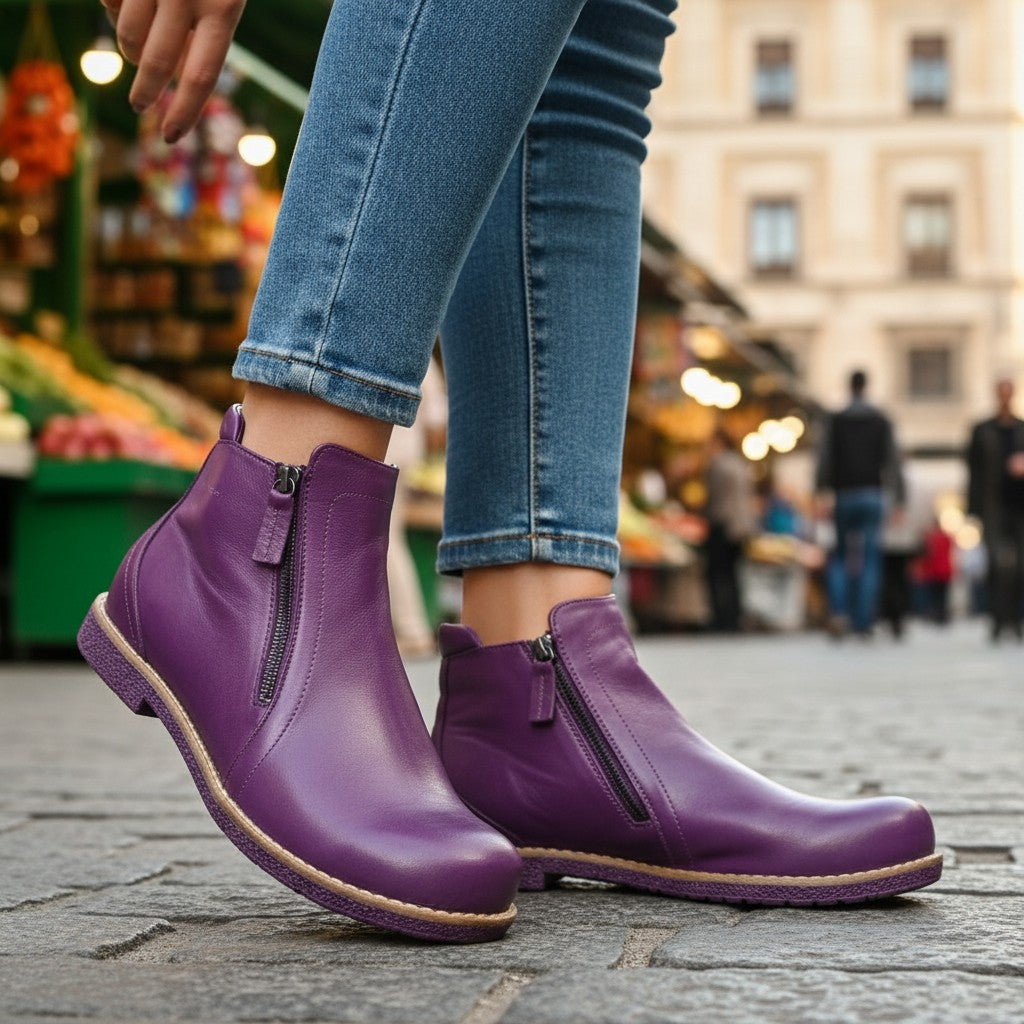The Happy Shoe Shop Rilassare Tallow ankle boot in purple leather with twin zips and a crepe sole.