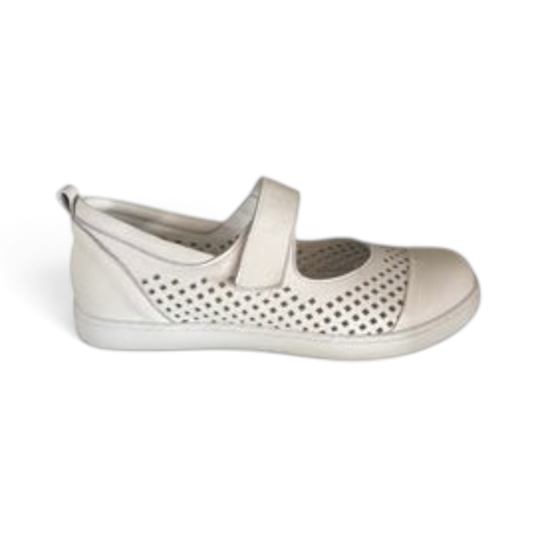 The Happy Shoe Shop Rilassare Treasure leather Mary Jane shoe in beige with perforated side detailing and velcro strap