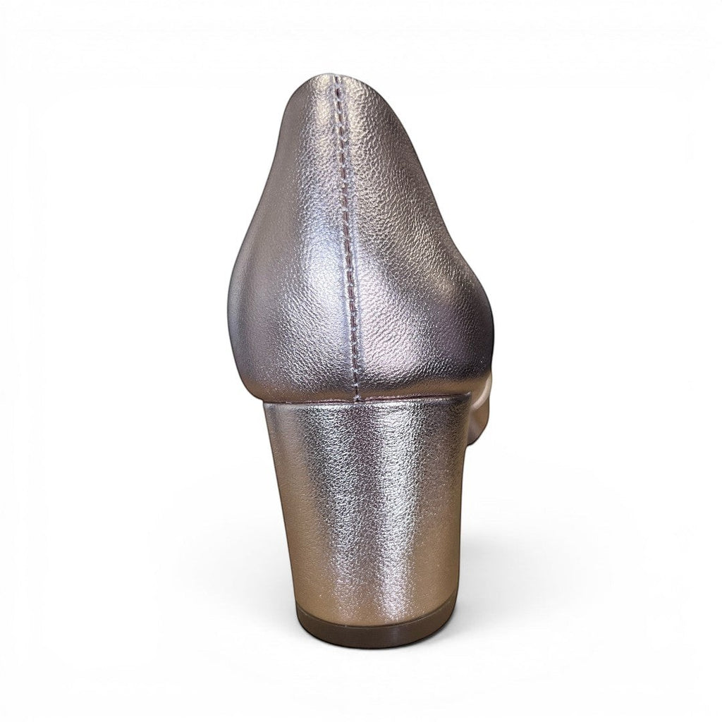 The Happy Shoe Shop Le Sansa Carly rose gold leather block heel dress shoe, back view