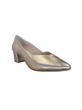 The Happy Shoe Shop Le Sansa Carly rose gold leather block heel pumps with a pointed toe and comfortable insole.