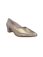 The Happy Shoe Shop Le Sansa Carly rose gold leather block heel pumps with a pointed toe and comfortable insole.