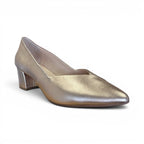 The Happy Shoe Shop Le Sansa Carly rose gold leather block heel pumps with a pointed toe and comfortable insole.