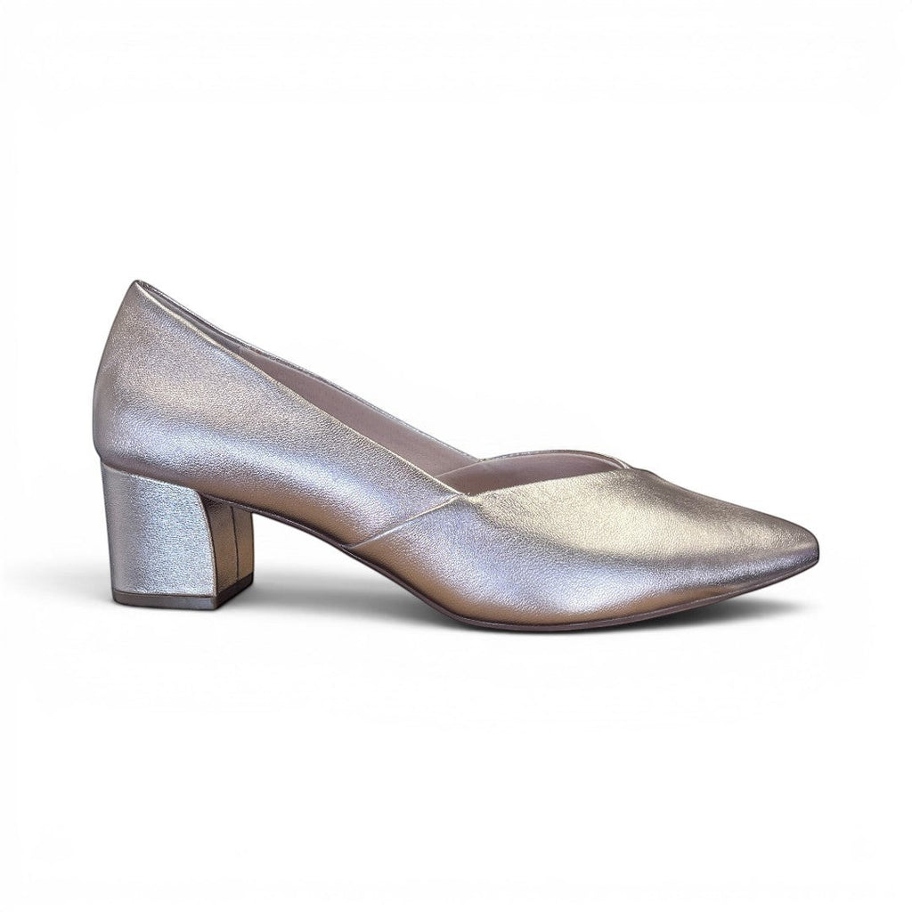 The Happy Shoe Shop Le Sansa Carly rose gold leather block heel dress shoes with a comfortable padded insole.