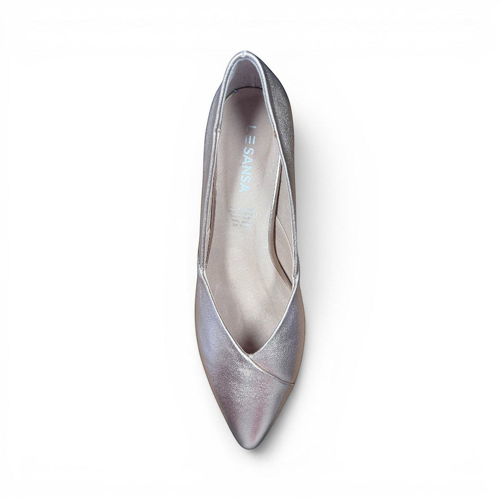 The Happy Shoe Shop Le Sansa Carly rose gold leather pointed toe block heels with a padded insole