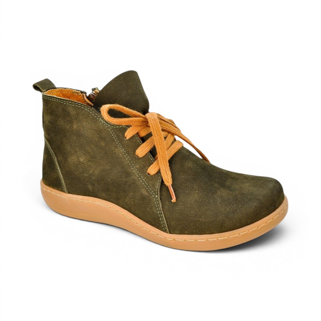 The Happy Shoe Shop Sala Andy Ankle Boot in olive green suede with orange laces and a tan sole.