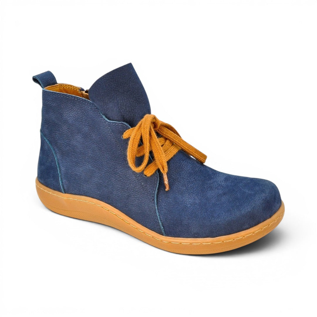 The Happy Shoe Shop Sala Andy blue suede ankle boot with orange laces and tan sole. Features zip and lace closure, wide fit.