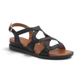 The Happy Shoe Shop Sala Berry black leather flat sandal with delicate crisscross straps and gold buckle closure.