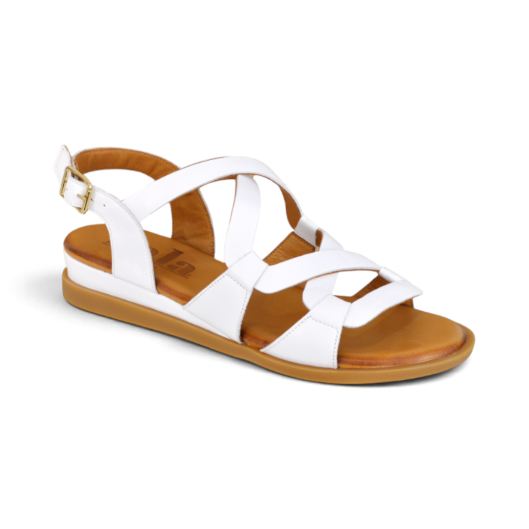 The Happy Shoe Shop Sala Berry white leather flat sandal with delicate crisscross straps and gold buckle closure