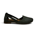 The Happy Shoe Shop Sala Cresta dark green leather flat with intricate laser-cut leaf patterns and side cutouts.