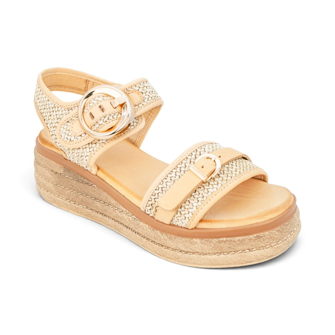 The Happy Shoe Shop Sala Dara sandals in beige leather and raffia with a platform sole and ornamental buckle detail.