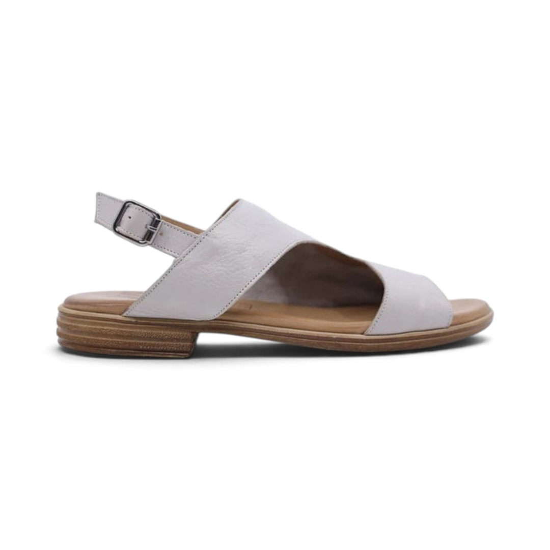 The Happy Shoe Shop Sala Mikey women's light grey leather sandals with an adjustable buckle and flexible sole.