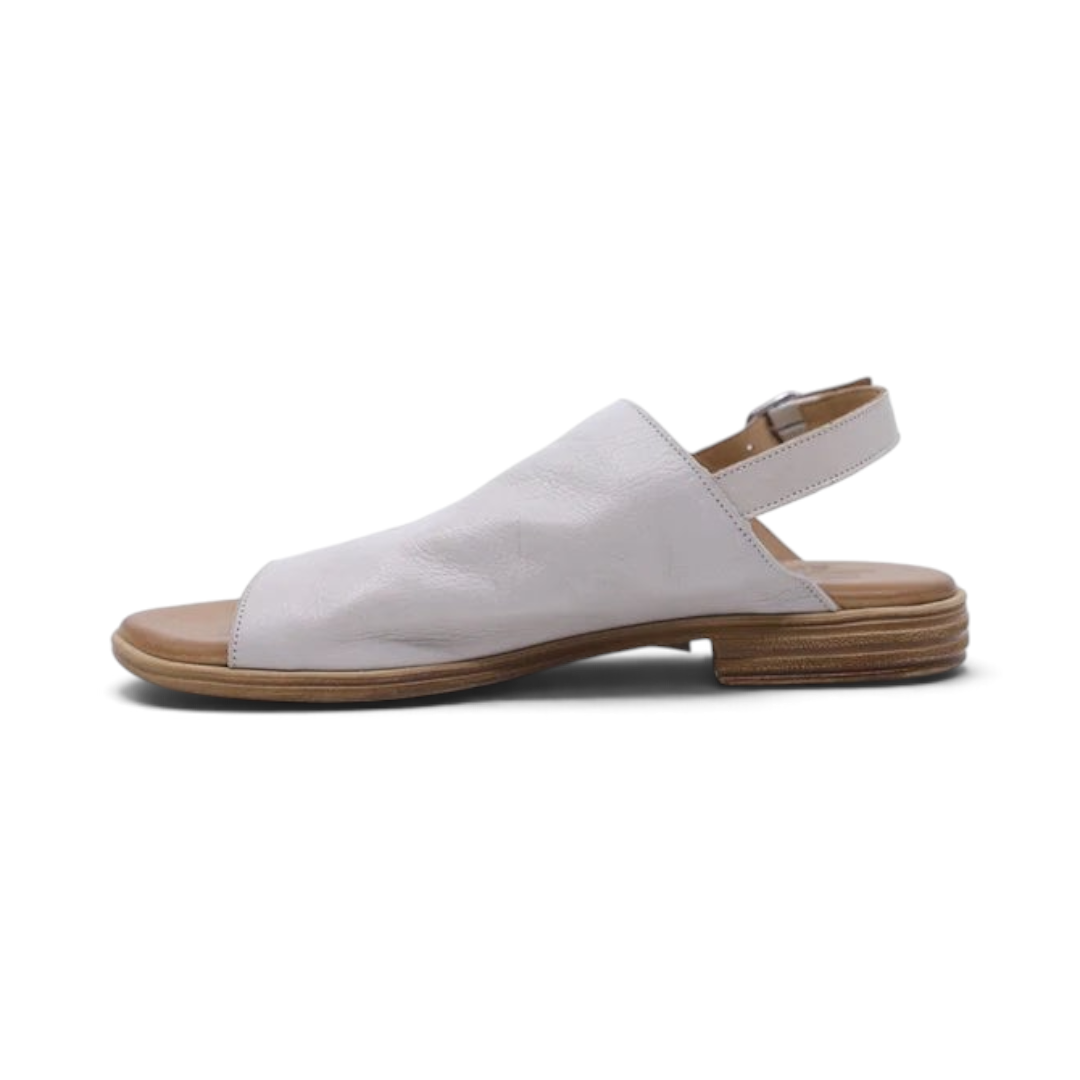 The Happy Shoe Shop Sala Mikey women's soft leather sandals in light grey with an adjustable buckle and flat sole.